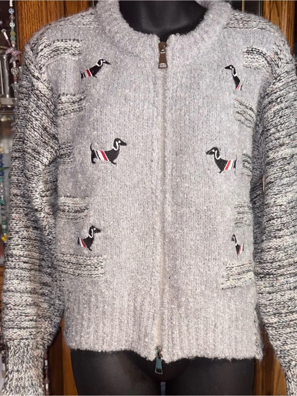 DOG EMBROIDERED DOUBLE ZIP-UP KNITTED CARDIGAN